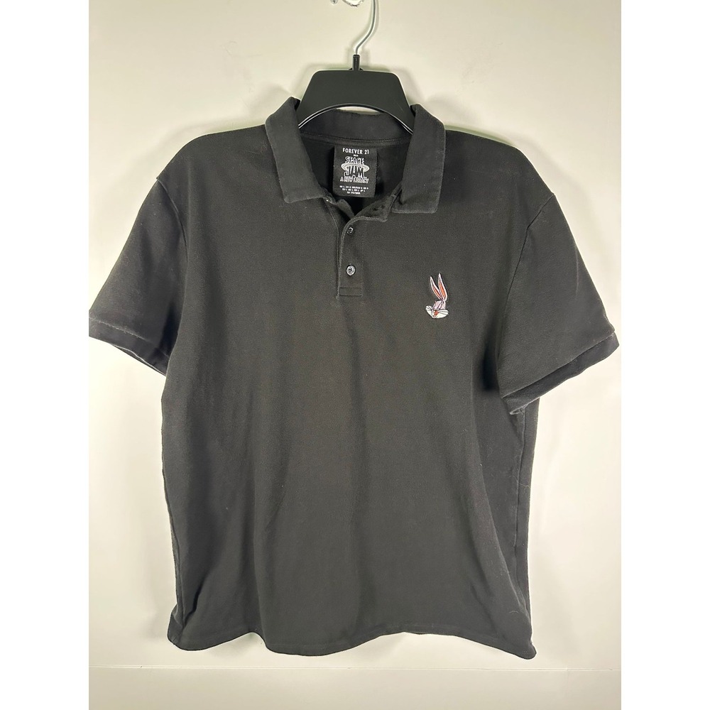 Forever 21 Polo Shirt Mens L Space Jam Bugs Bunny Embroidered Black Short Sleeve